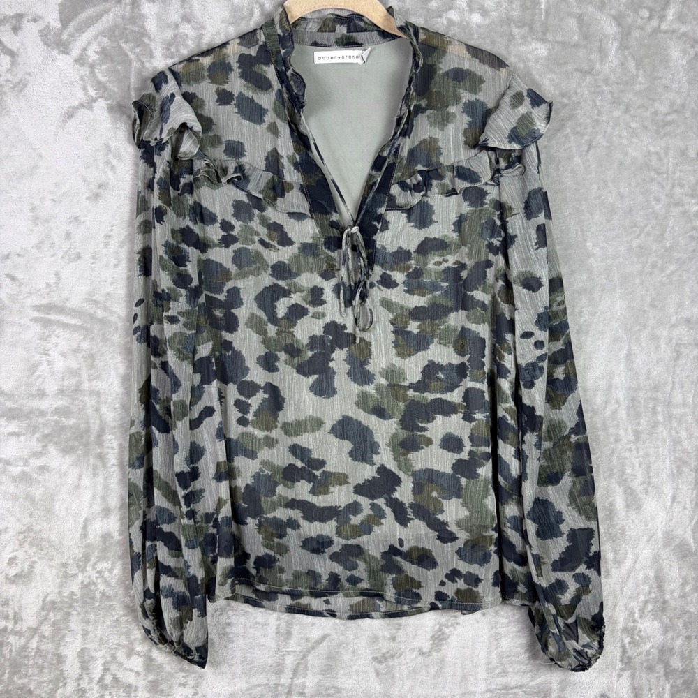 Paper Crane Blouse Ruffle‎ Tie Neck Size Medium Leopard Print Green Grey Top